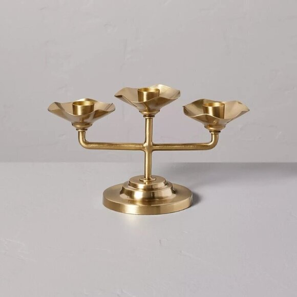 4" Scalloped Brass 3ct Taper Candelabra Antique Finish - Hearth & Hand Magnolia - Picture 1 of 4